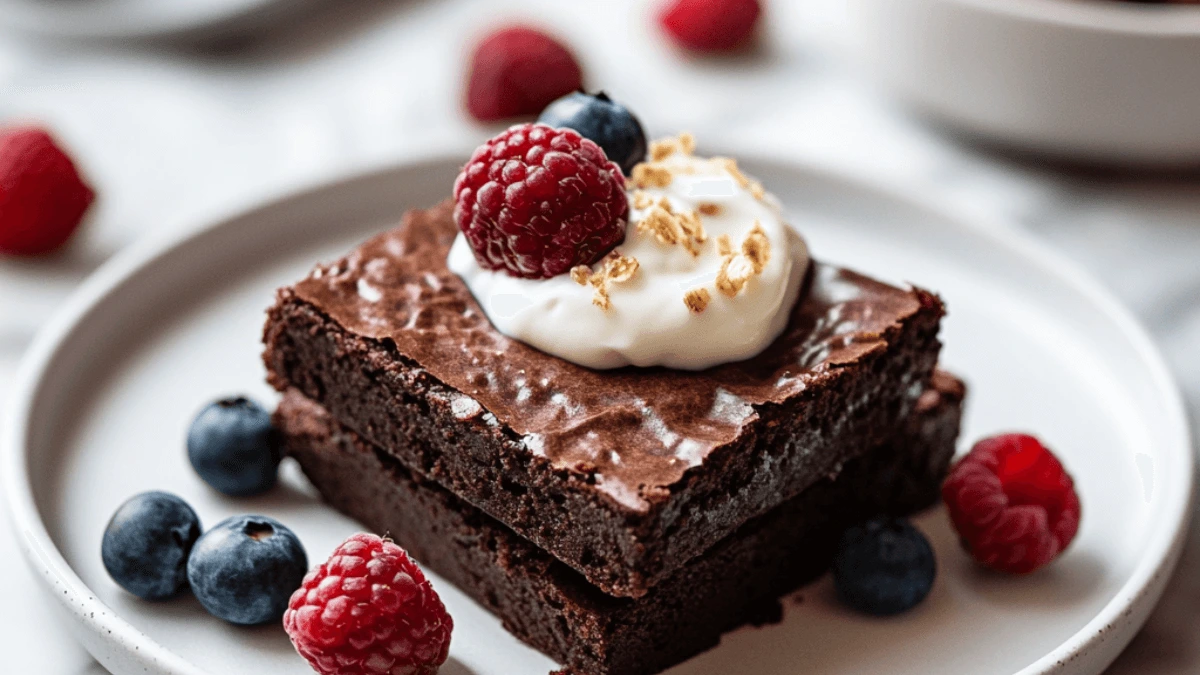 Protein brownies served on a white plate with Greek yogurt and fresh berries, placed on a marble countertop under soft natural lighting.