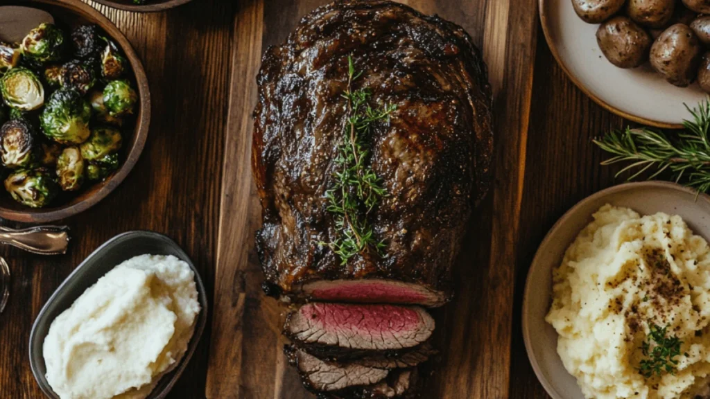 A dinner table with a ribeye roast as the centerpiece, surrounded by side dishes like roasted Brussels sprouts, mashed potatoes, and a glass of red wine.