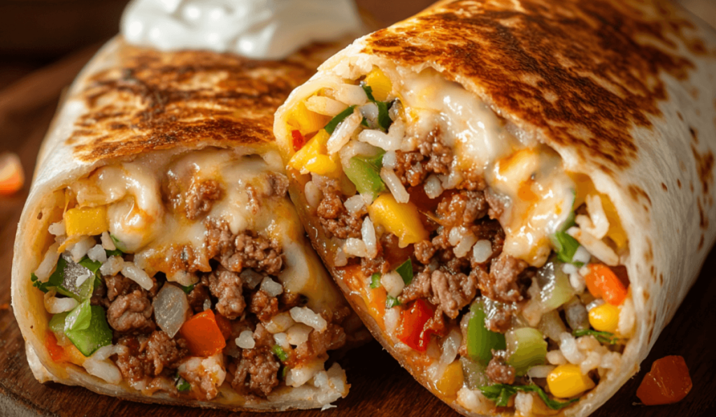 A golden-brown grilled cheese burrito cut in half, revealing melted cheese, seasoned beef, rice, and fresh vegetables, served on a wooden plate with salsa and sour cream.