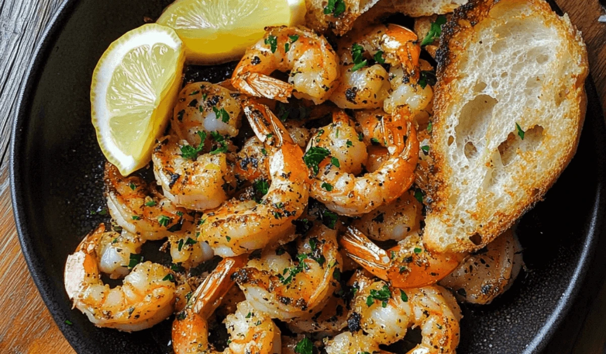 Golden roasted shrimp coated in garlic herb butter sauce, garnished with fresh parsley and lemon wedges, served on a white plate.