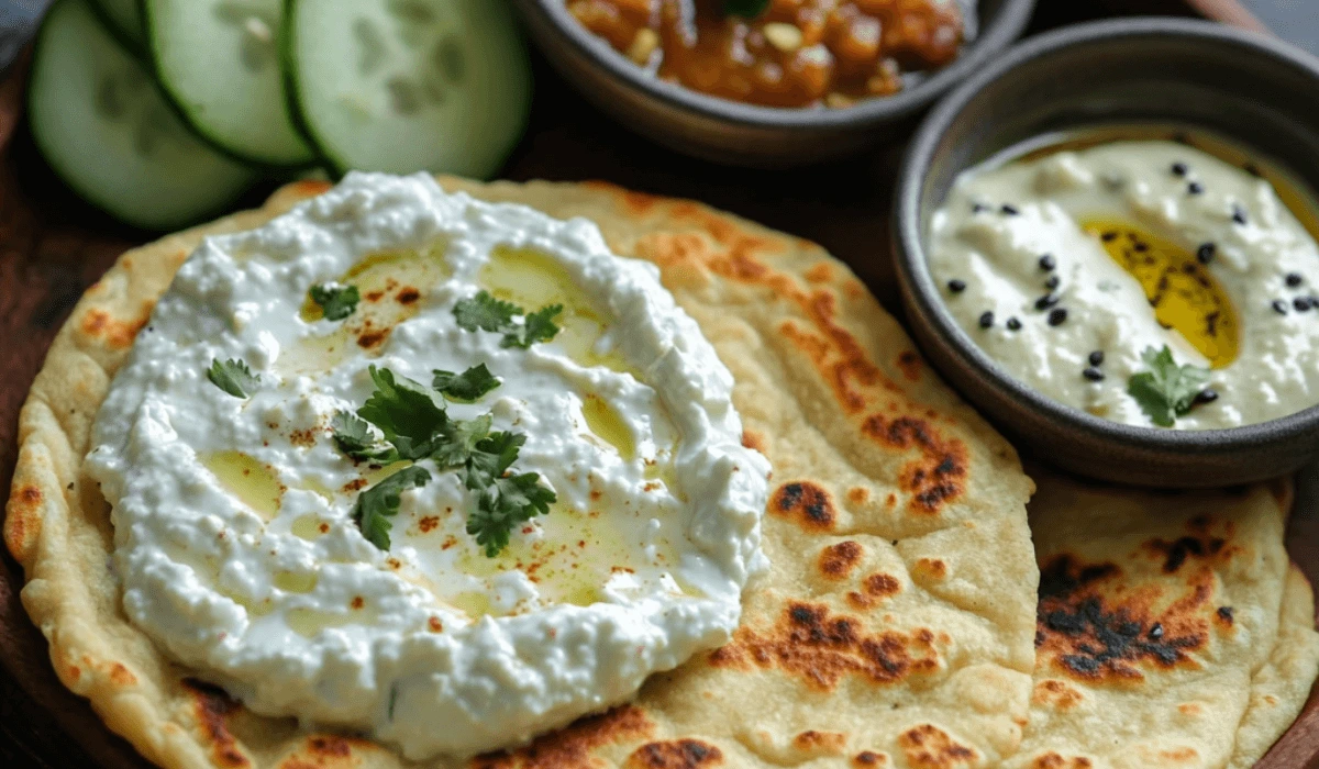 Freshly baked Cottage Cheese Flatbread topped with creamy cottage cheese, herbs, and a golden, crispy edge, served on a rustic wooden table.