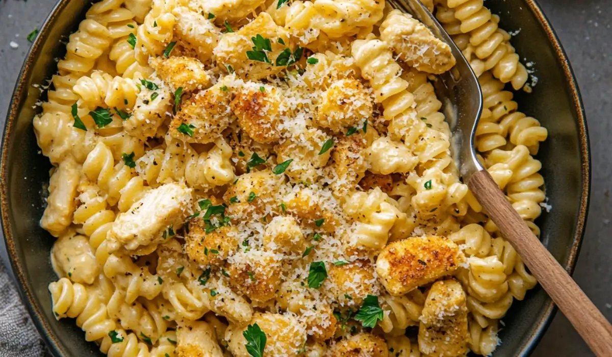 An overhead shot of Garlic Parmesan Chicken Pasta being mixed in a large bowl, with pasta, creamy sauce, and golden chicken pieces, with fresh herbs and parmesan cheese sprinkled on top.