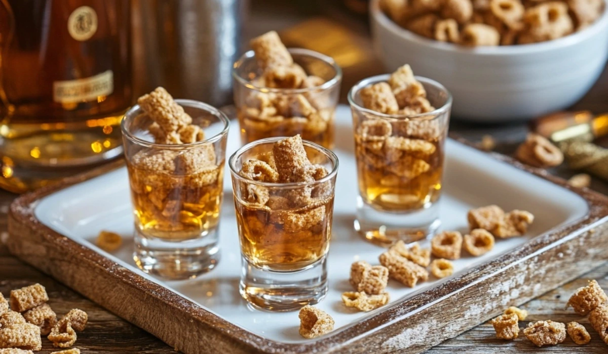 A close-up of a Cinnamon Toast Crunch shot, with a shot glass rimmed with crushed cinnamon cereal, filled with a creamy, cinnamon-spiced cocktail, surrounded by a few whole pieces of Cinnamon Toast Crunch cereal