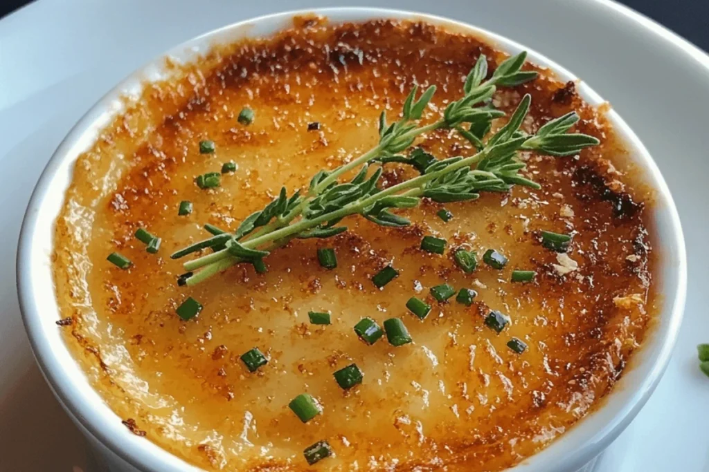 Close-up of a golden caramelized Crab Brulee served in a ramekin