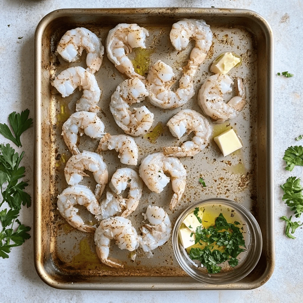 Raw shrimp arranged in a single layer on a baking sheet, ready for roasting, with a bowl of garlic butter sauce and fresh parsley on the side.