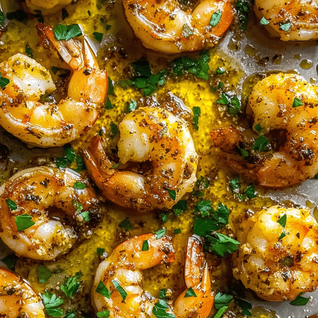 Perfectly roasted shrimp glistening with garlic herb butter, garnished with parsley and paprika, on a baking sheet fresh from the oven.