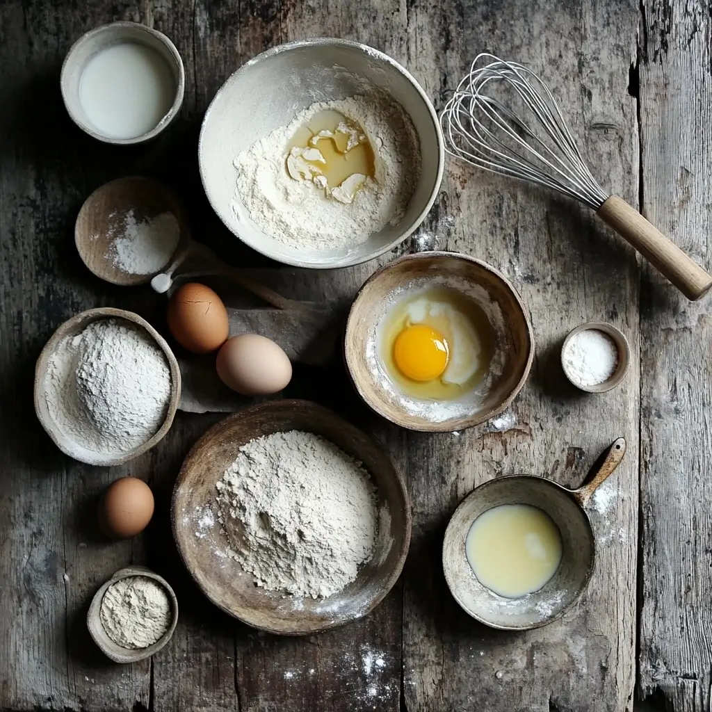 Flat lay of waffle-making ingredients: bowls of flour, sugar, eggs, milk, melted butter, and a whisk, styled on a rustic wooden surface with a scattering of flour and baking utensils, warm natural lighting for a cozy baking vibe