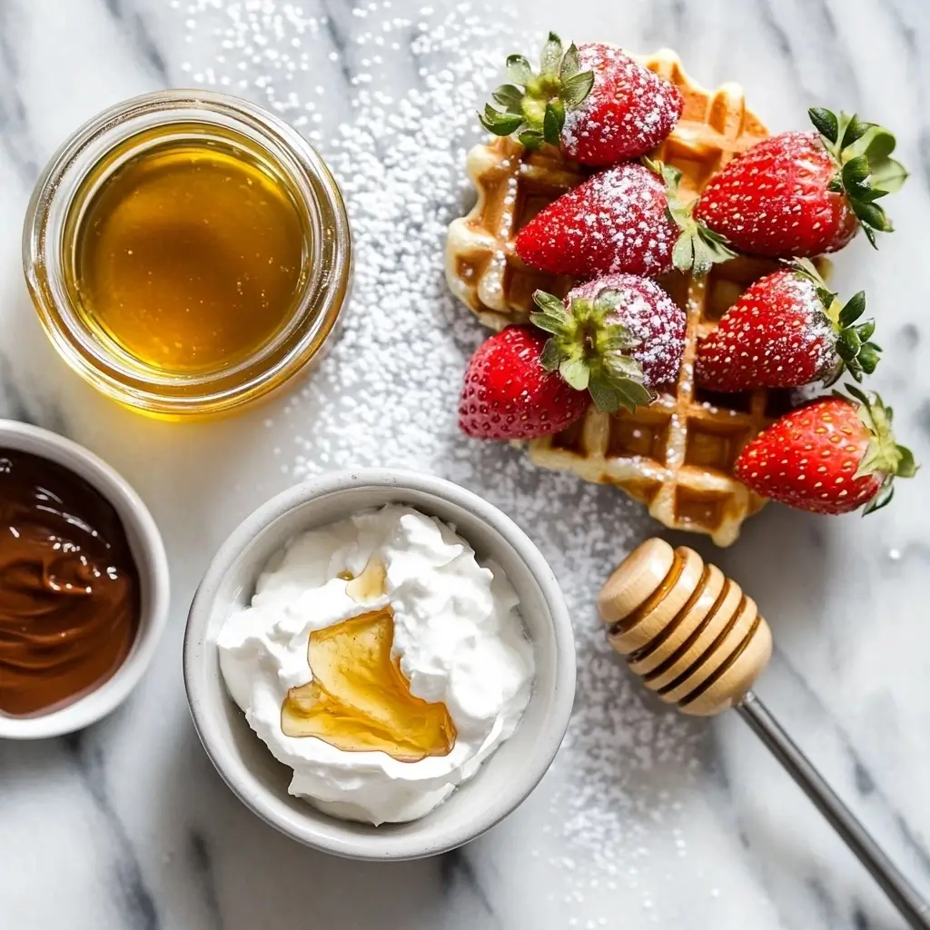 A vibrant close-up of waffle toppings: a small bowl of fresh strawberries, a jar of golden honey, a spoonful of Nutella, powdered sugar dusted over a marble countertop, and a ramekin of whipped cream, styled with a colorful and inviting brunch aesthetic