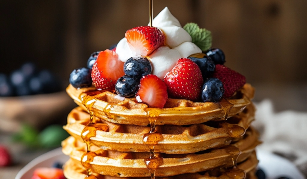 A stack of golden, crispy waffles topped with fresh berries, maple syrup, and whipped cream on a white plate, styled on a rustic wooden table.