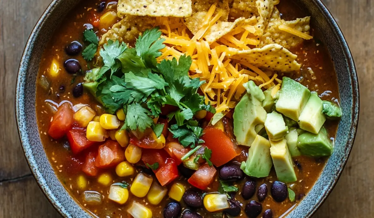 A bowl of chilled taco soup featuring black beans, sweet corn, diced tomatoes, and bell peppers, topped with avocado slices, crumbled tortilla chips, shredded cheese, and fresh cilantro, served on a rustic wooden table.